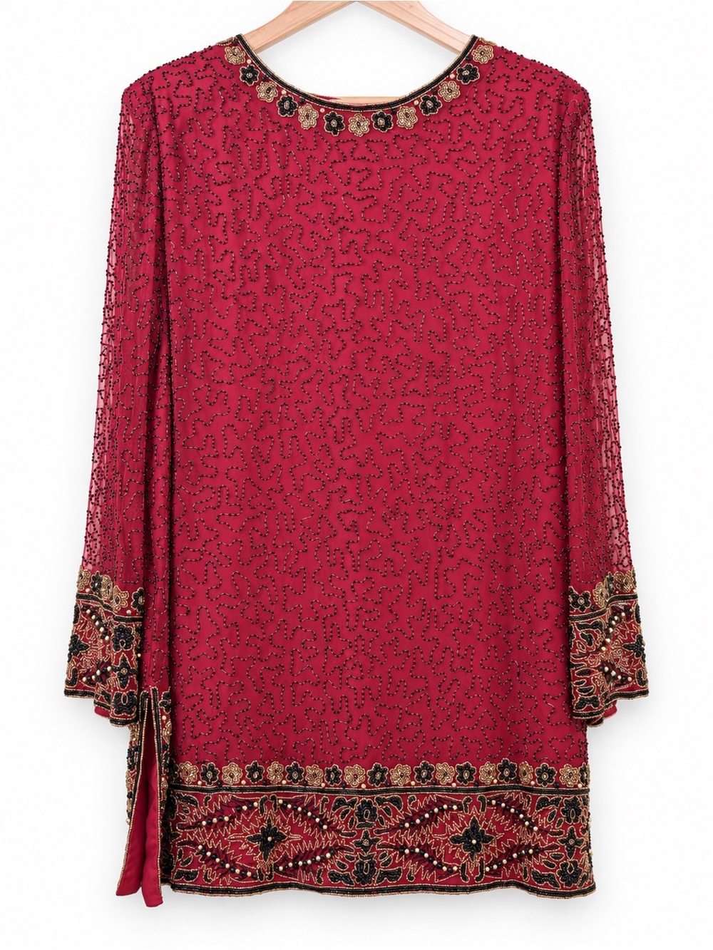 Laurence Kazar Vintage Red Art Deco Embroidered Beaded Statement Tunic Dress 1X